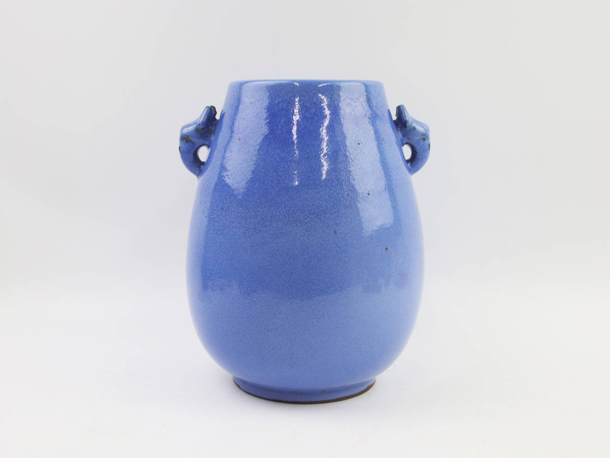 rg0069 時代物 藍釉 獣耳 朱泥 花瓶 花入 中国宜興 紫砂 茶道具