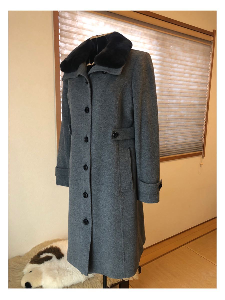 美品本物バーバリー高級リアルファー付き上質ウールカシミヤ混ロング