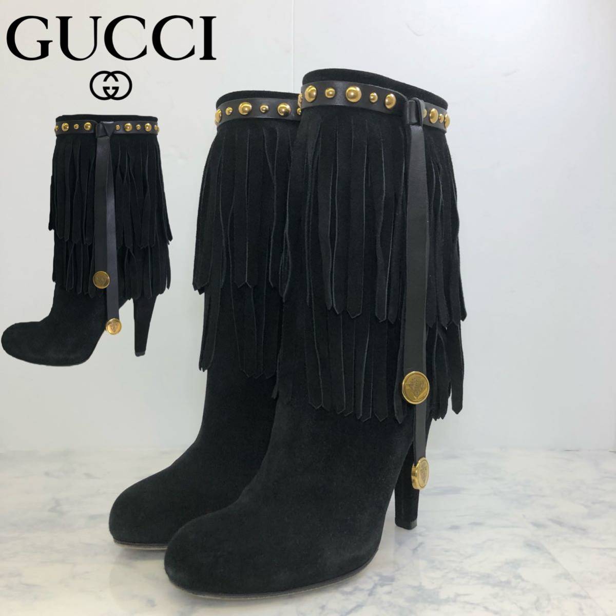 希少　数回 GUCCI　グッチ　フリンジ　ショートブーツ　ブーティ　ラウンドトゥ_画像1