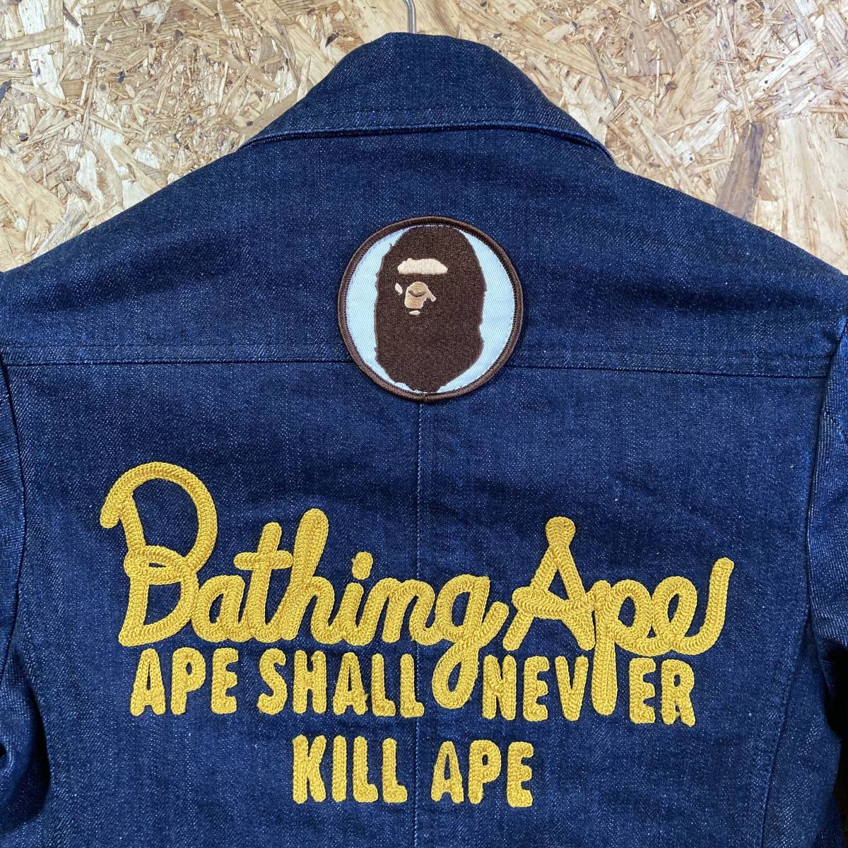 A BATHING APE BAPE インディゴ デニム テーラード ジャケット ブレザー XS 刺繍 ワッペン_画像2