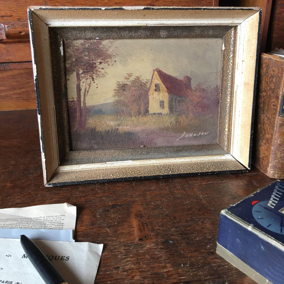 フランスで購入アンティーク 小さな油絵板絵 風景画ターナー フランス