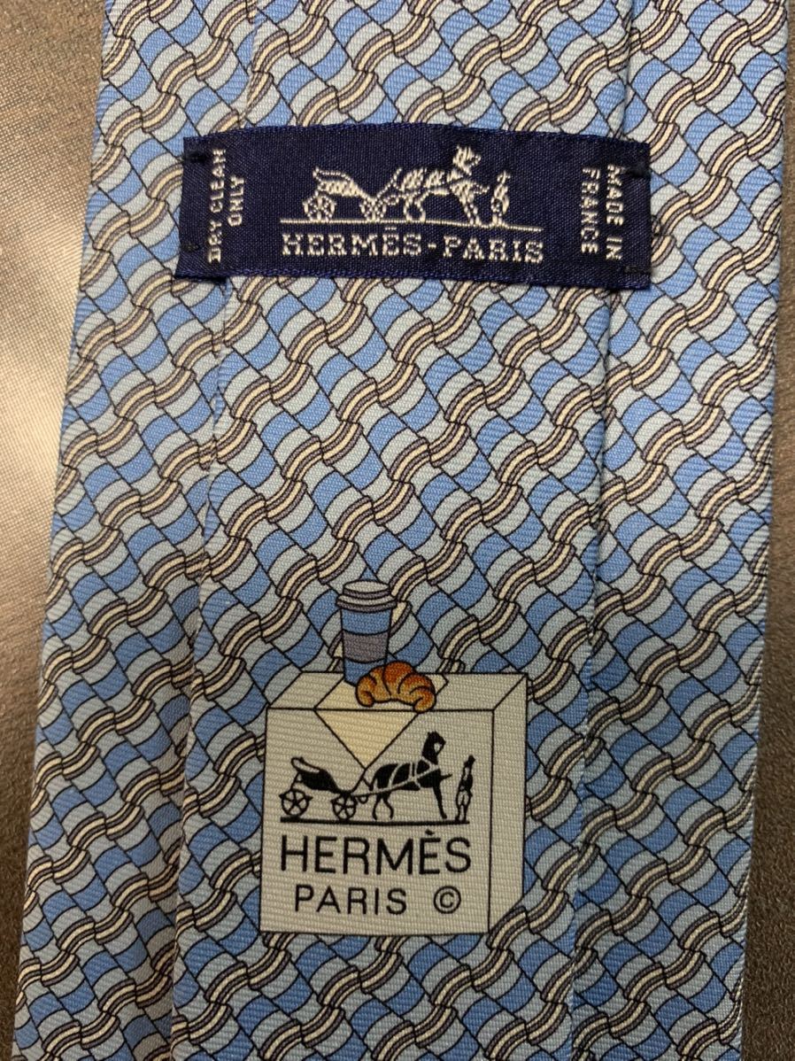 HERMES エルメス ネクタイ PARI メンズ ブルー系 水色 正規 美品
