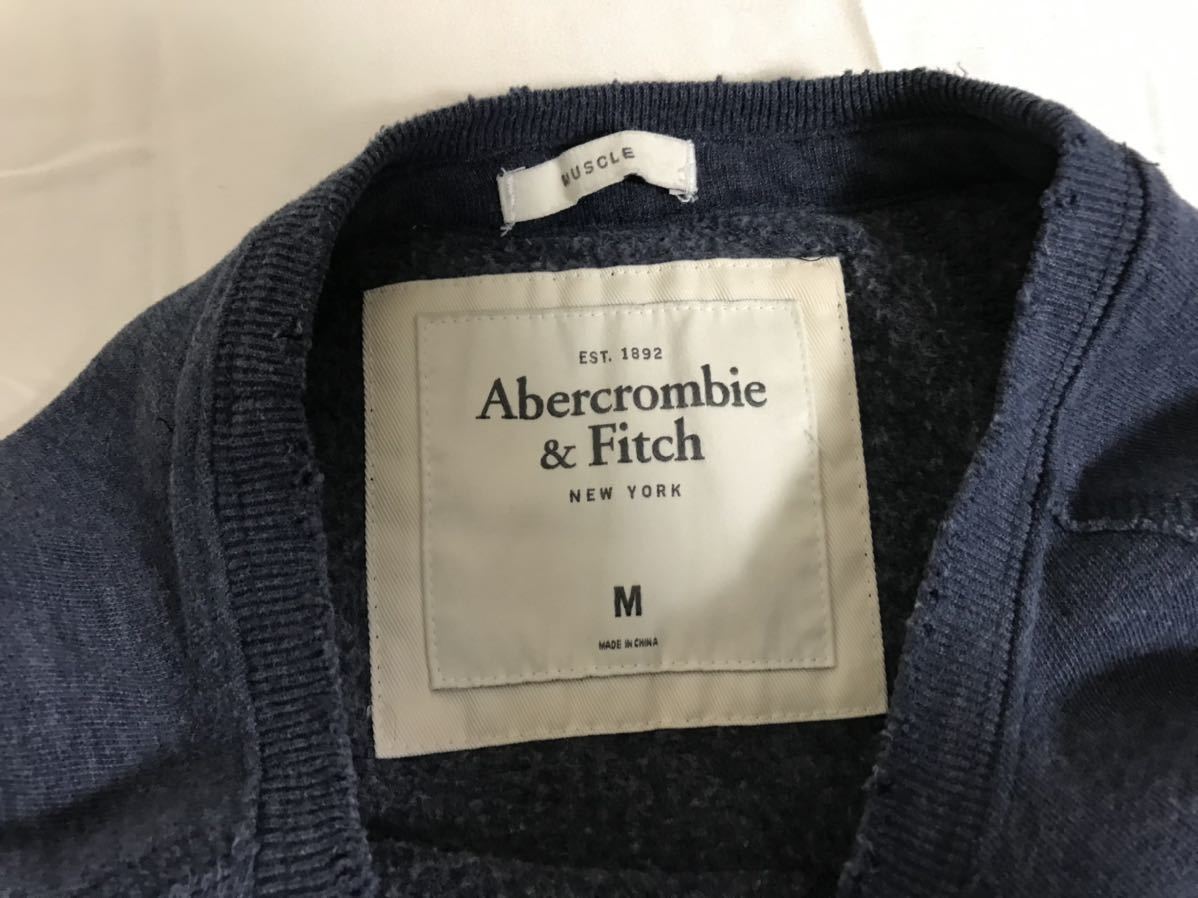 本物アバクロアンドフィッチABERCROMBIE&FITCHロゴワッペンコットンダメージ加工裏起毛スウェットトレーナーメンズアメカジM青ブルー