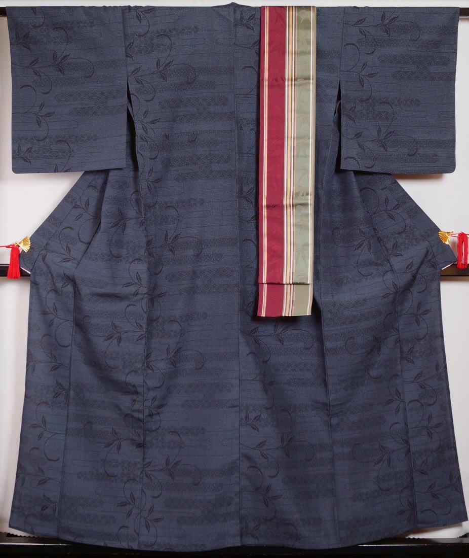 着物セット 単衣 塩沢紬・博多織 半幅帯 ２点 セット エ霞に枝葉模様