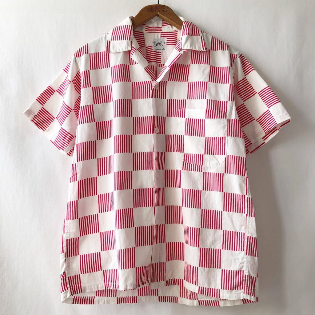 50s checker flag stripe cotton loop stop open color short sleeves shirt red Vintage 50 period check . collar Vintage 