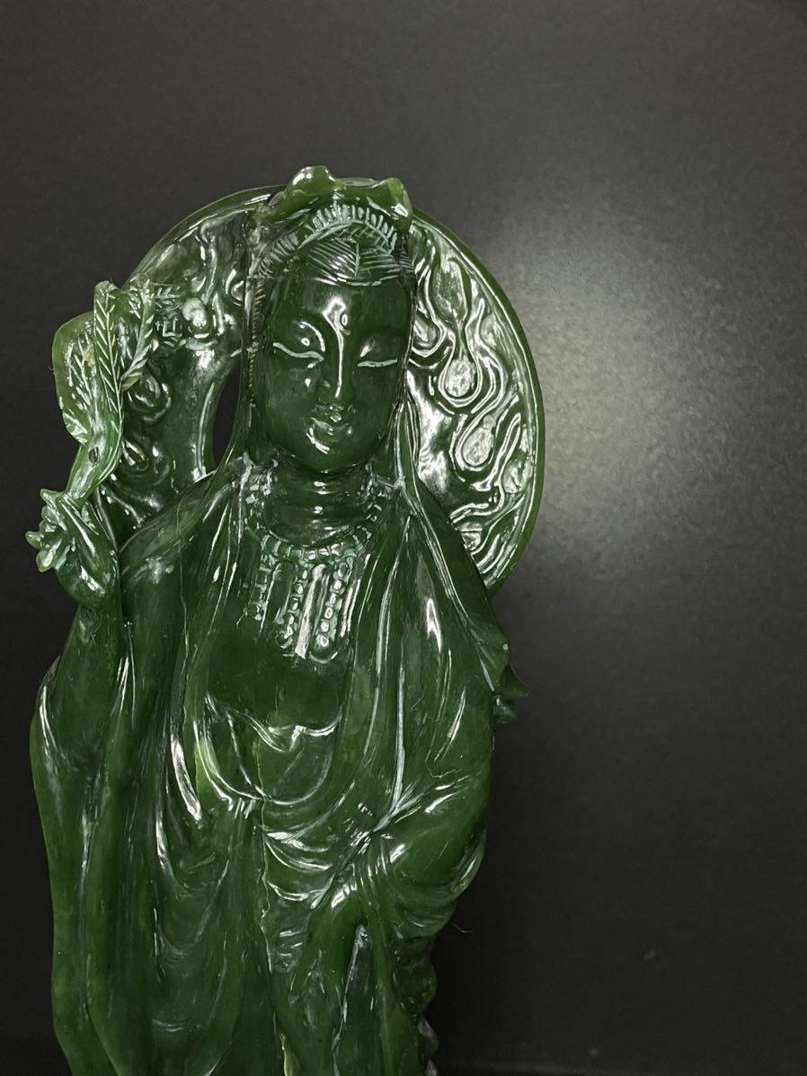 中国古玩 仏像彫刻 仏教美術 玉製 置物 観音像 蓮上観音菩薩 唐木台付 