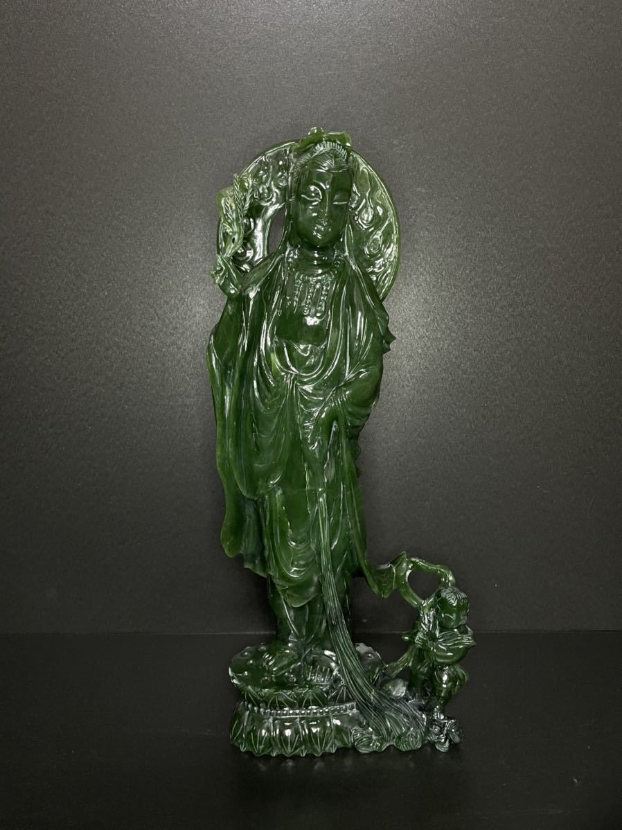 中国古玩 仏像彫刻 仏教美術 玉製 置物 観音像 蓮上観音菩薩 唐木台付 