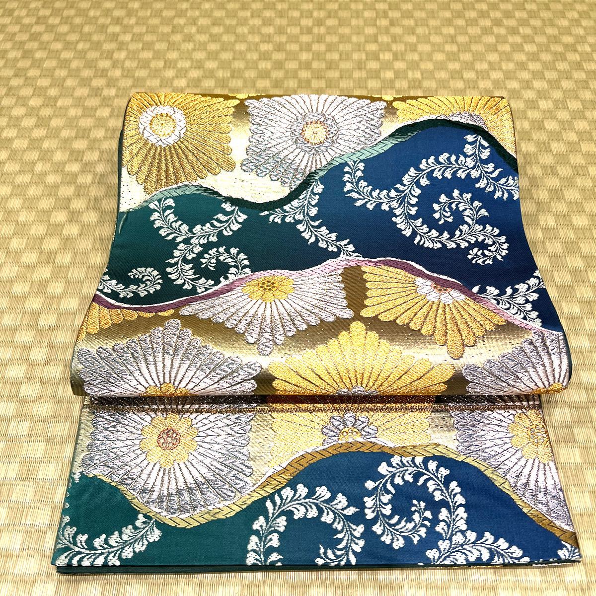 深緑(ふかみどり) 袋帯 六通 錦織 金 巻物 紐 逸品