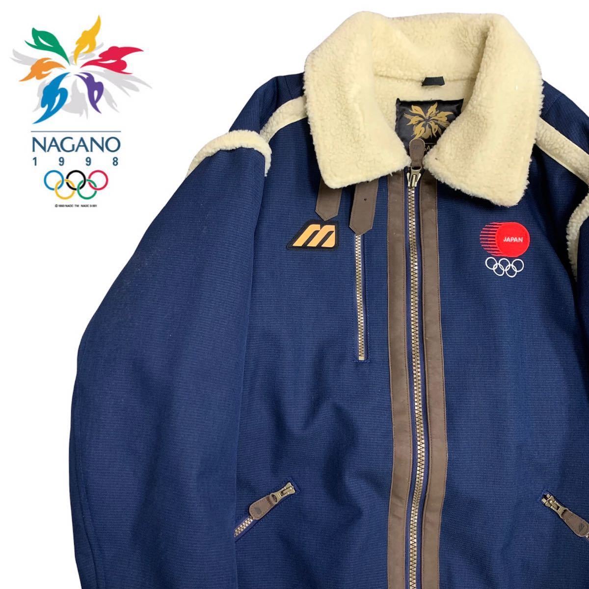 MIZUNO ミズノ 1998 長野オリンピック 長野五輪 日本代表選手団 公式 ボアジャケット ボンバージャケット 裏ボア 刺繍 ネイビー