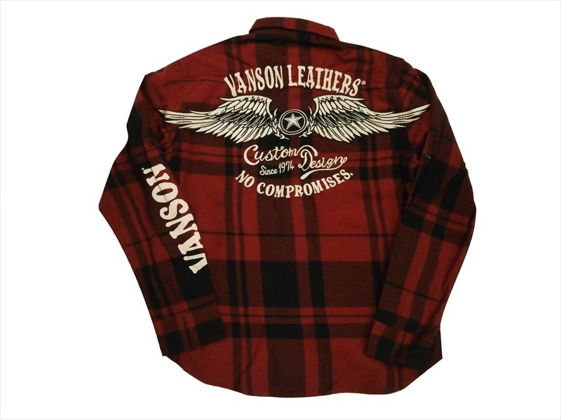 バンソン Vanson NVSL-2004 刺繍「フライングスター」袖ロールアップ仕様 チェック 長袖シャツ/ツイルシャツ レッド Mサイズ 新品