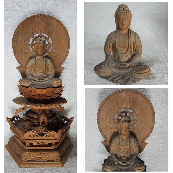 【睦】天然木 六角台座 手彫りの釈迦陀如来 坐像 骨董 仏教美術■_画像2