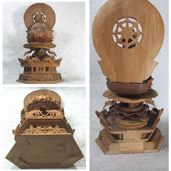 【睦】天然木 六角台座 手彫りの釈迦陀如来 坐像 骨董 仏教美術■_画像3