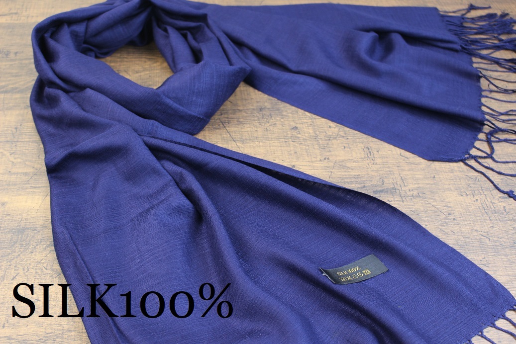 新品【SILK シルク100% 】ネイビー 紺 NAVY 無地 PLAIN 大判 ストール 訳あり_画像1