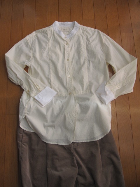 アングローバル購入インポート　イタリア製shirtのスタンドカラー　アンティーク風ブラウス　L相当／クラシカルきれいめデザイン