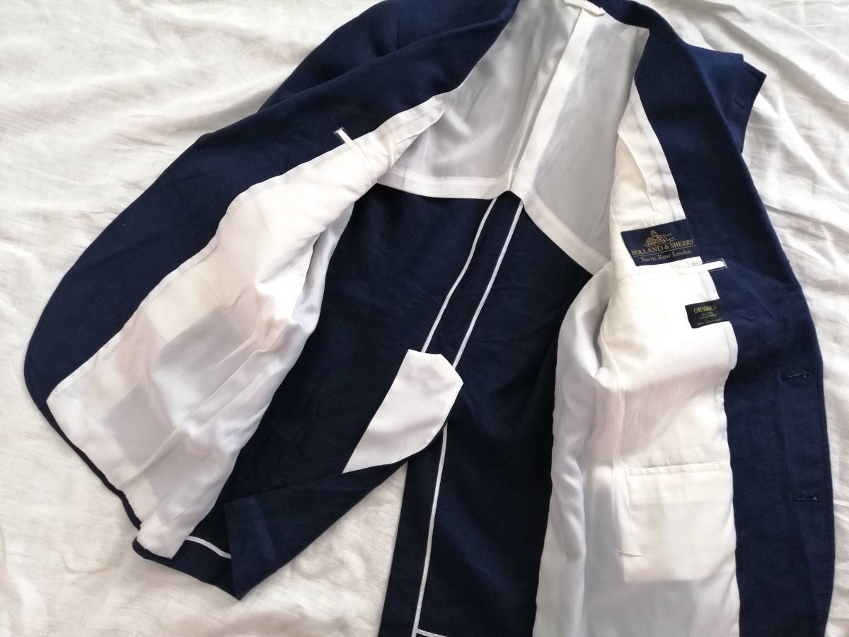 希少【美品 英国名門 Holland & Sherry 肉厚リネン100% ネイビー 希少【美品 英国名門 Holland & Sherry 肉厚リネン100% ネイビー