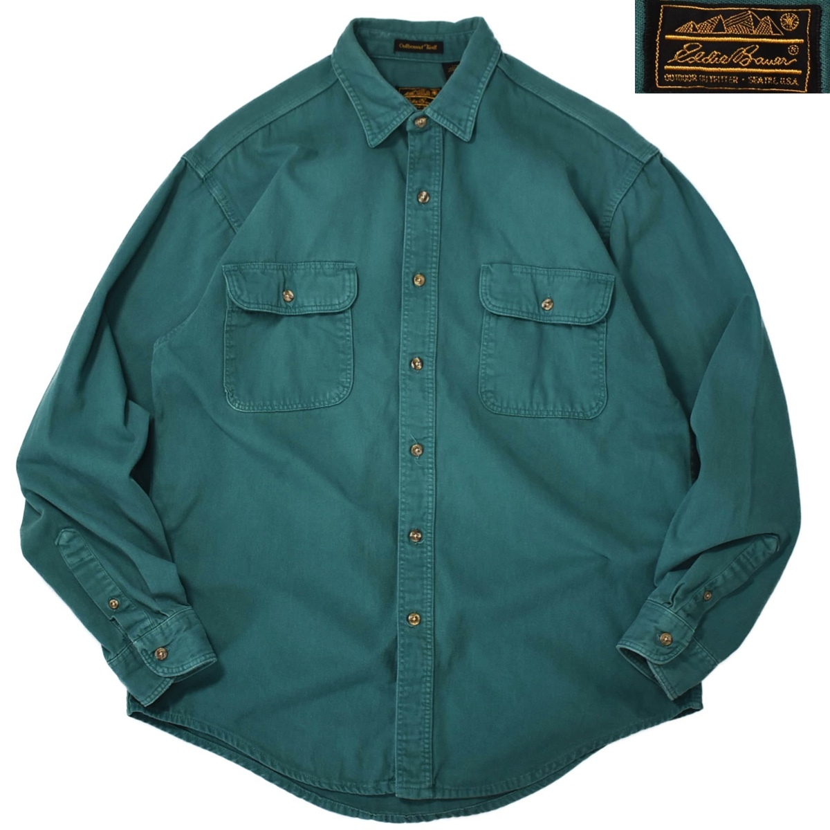 [L] 80s 90s Eddie Bauer Outbound Twill ワーク シャツ USA製 グリーン 緑 黒タグ エディーバウアー アウトドア ビンテージ vintage_画像1