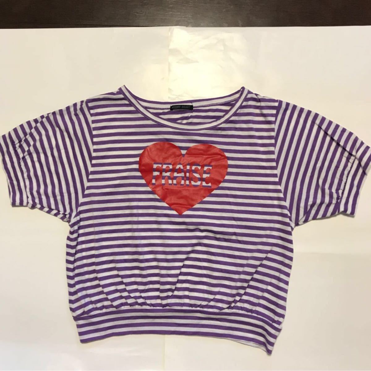 半袖 Tシャツ レディース トップス ボーダー ハート ティーンズ 紫 パープル シャツ キッズ ジュニア 子供 女児 赤 女子