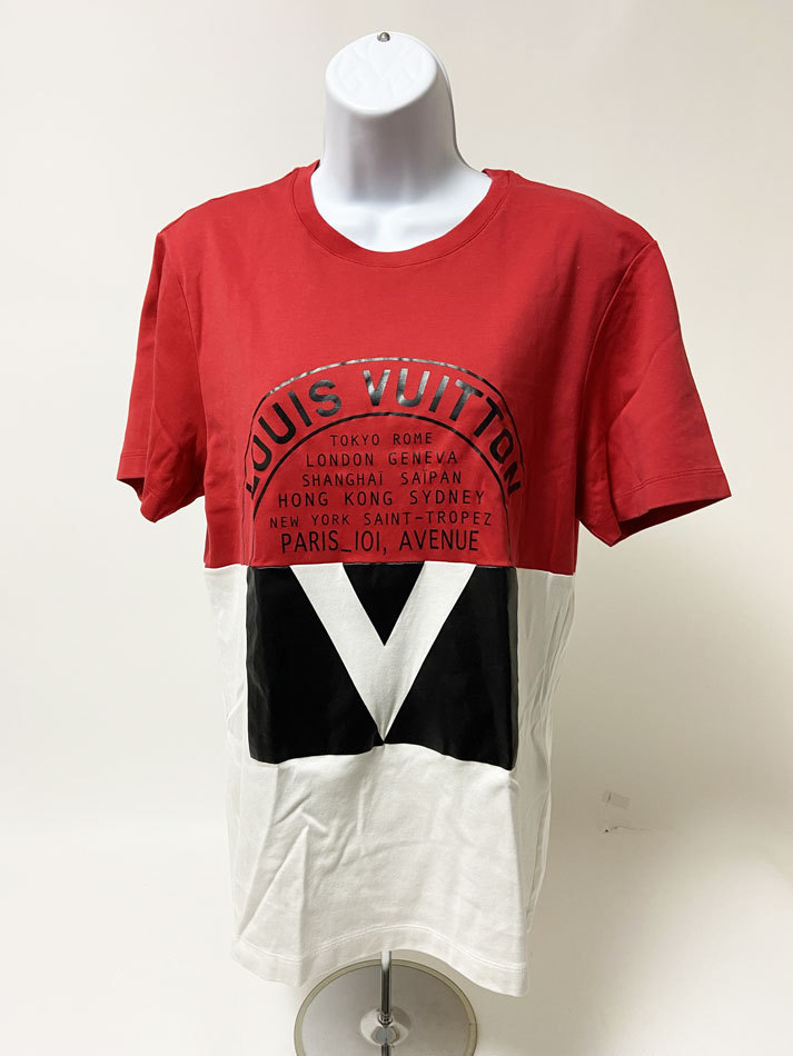 本物の シャツ トップス Tシャツ メンズ ルイヴィトン VUITTON LOUIS 送料無料 半袖 Mサイズ コットン ホワイト レッド 半袖シャツ