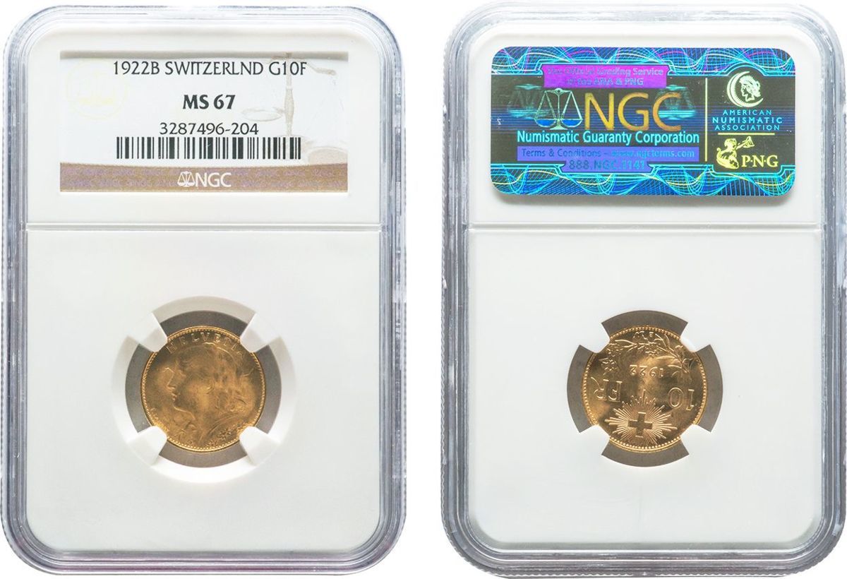 スイス 10フラン金貨 1922年B 完全未使用品 アルプスの少女 NGC(MS67