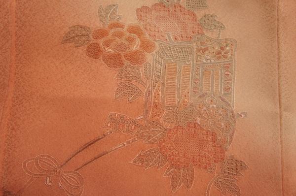 特選うす桃染色スワトウ刺繍花に御所車模様未着用附下H9168_画像8