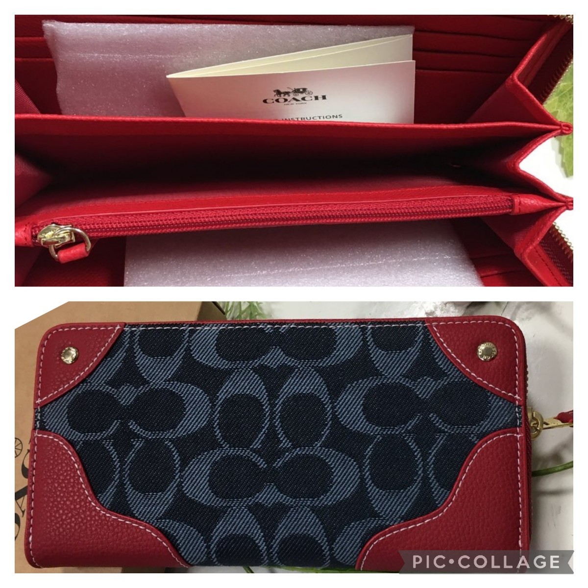 正規品 COACH 長財布 赤色×青デニム