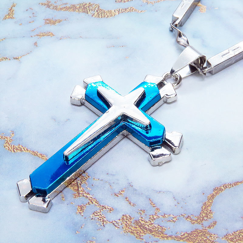  made of stainless steel Rosario necklace Blue Cross 10 character . stainless steel Cross chain design Cross 