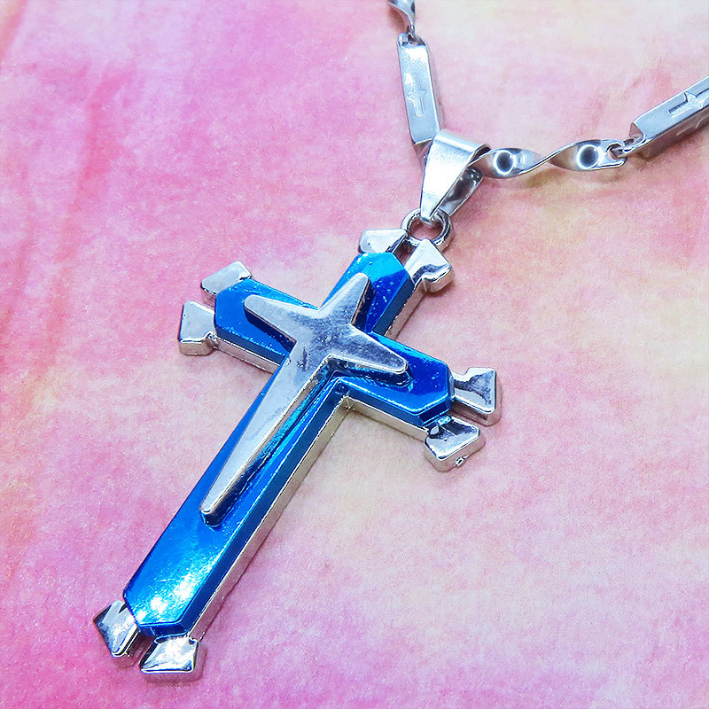 made of stainless steel Rosario necklace Blue Cross 10 character . stainless steel Cross chain design Cross 