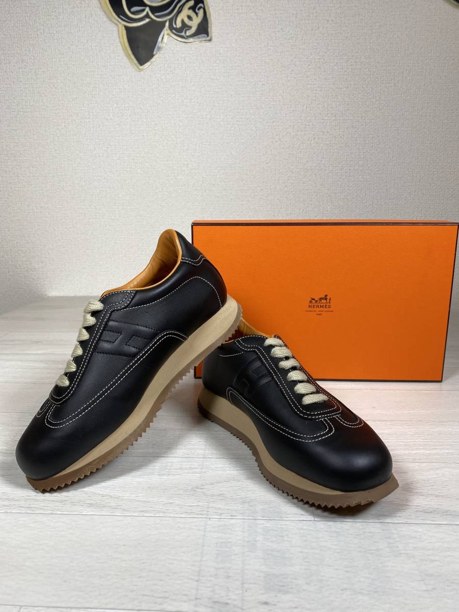 未使用★HERMES エルメス クイック Hロゴ レザー スニーカー ブラック 35.5/22cm レディース レザーシューズ 黒_画像1