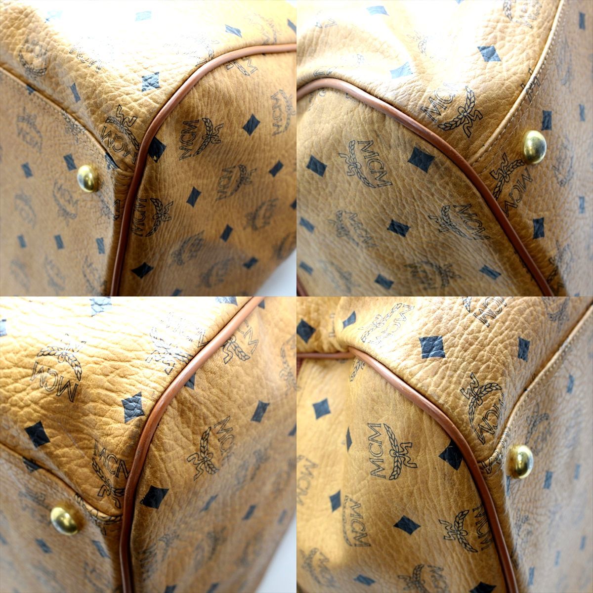 MCM ボストンバッグ レザー キャメル系 総柄 ビッグサイズ ロゴ レザー