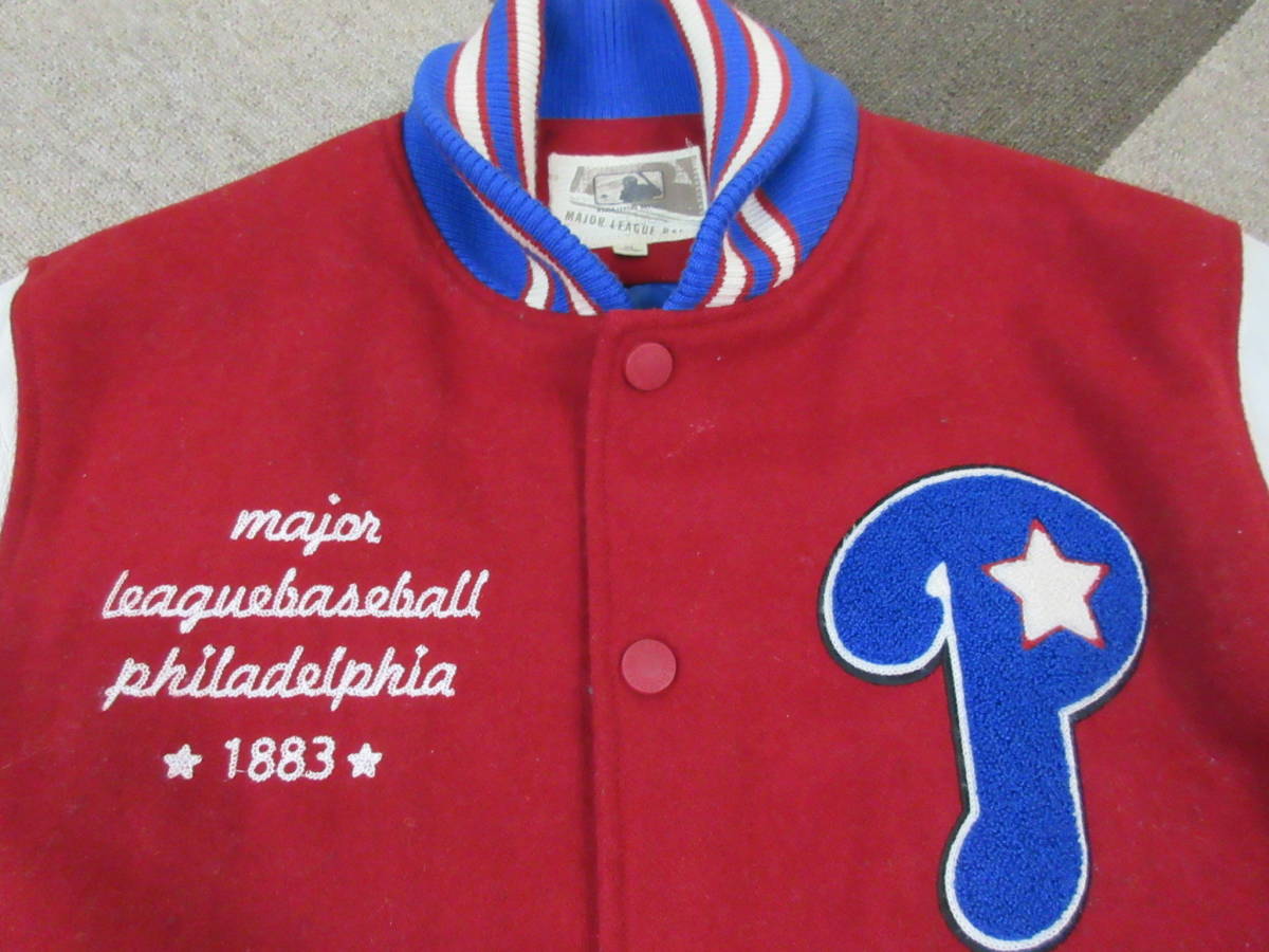 MLB フィラデルフィアフィリーズ スタジャン XL 赤 袖革 メルトン 