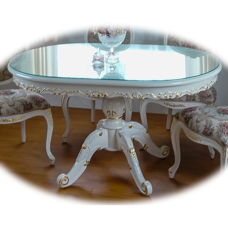 テーブルセット 食卓セット ４人用 楕円 幅135cm 合皮ブラウン ヨーロピアン クラシック 白家具_画像4
