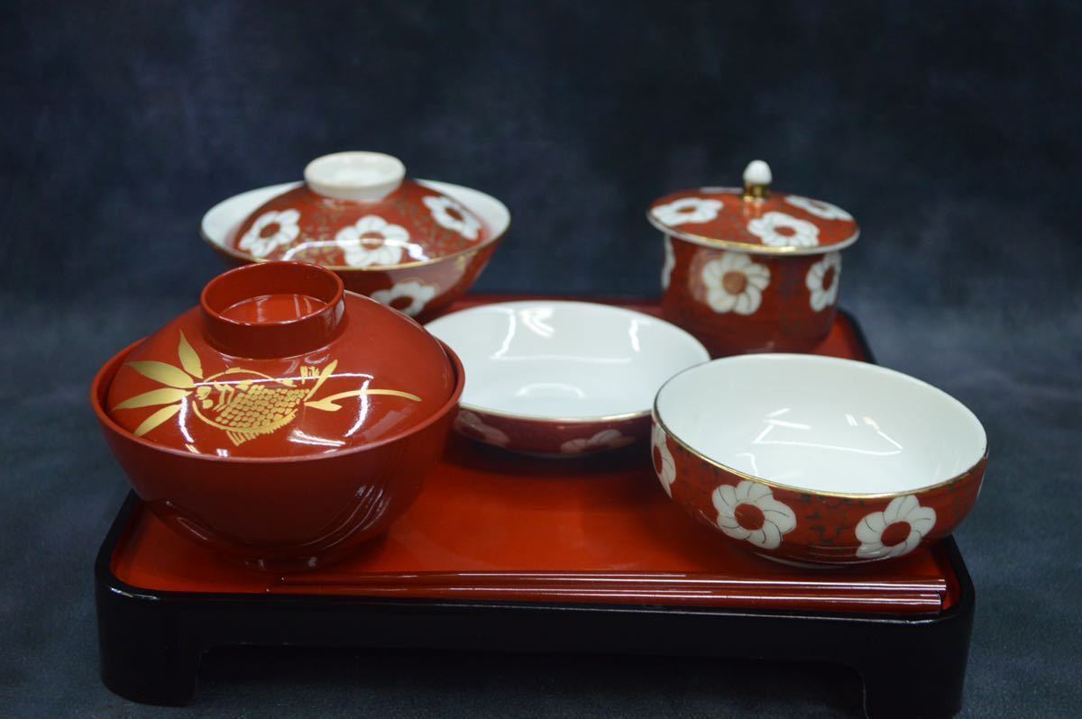 (NK). meal beginning set serving tray Kutani box attaching lacquer ware . baby festival . serving tray 100 day festival 100 day festival baby celebration .. memory preparation Japanese tableware