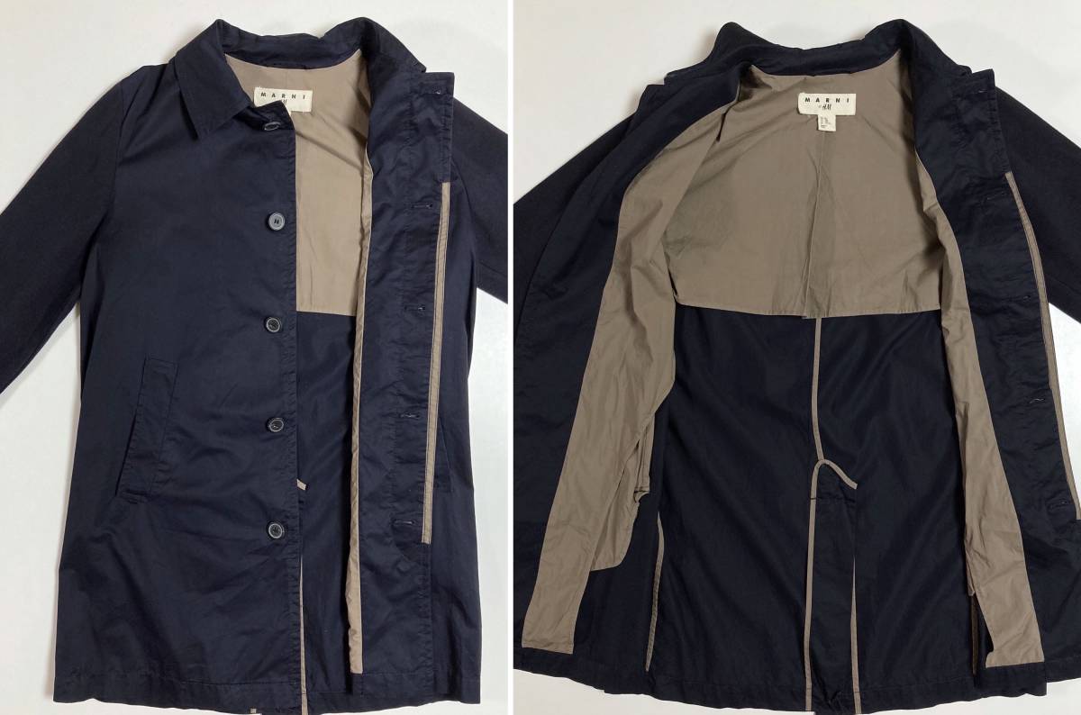 MARNI × H&M 46 マルニ ステンカラーコート コットン 袖ニット 切替 ネイビー ジャケット エイチアンドエム スプリングコート
