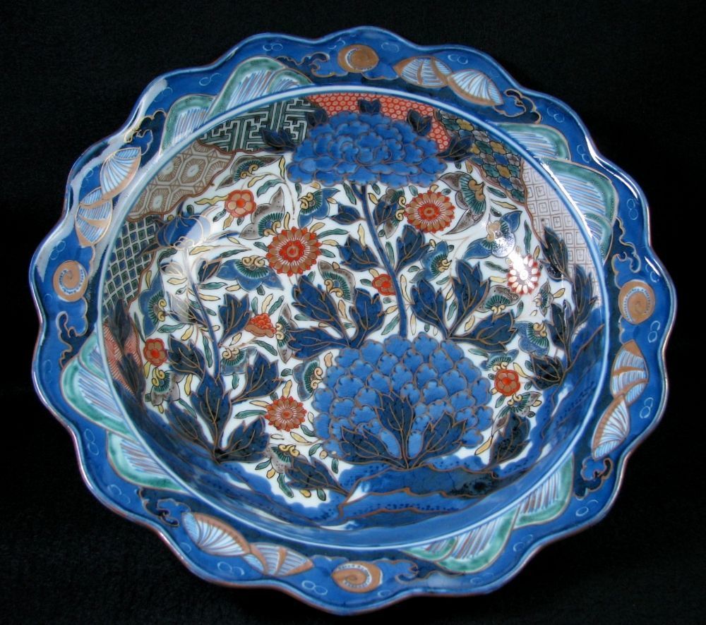 100%品質 古伊万里 染錦 菊牡丹文輪花大鉢 幅:31.3cm 江戸時代/22b041 染錦