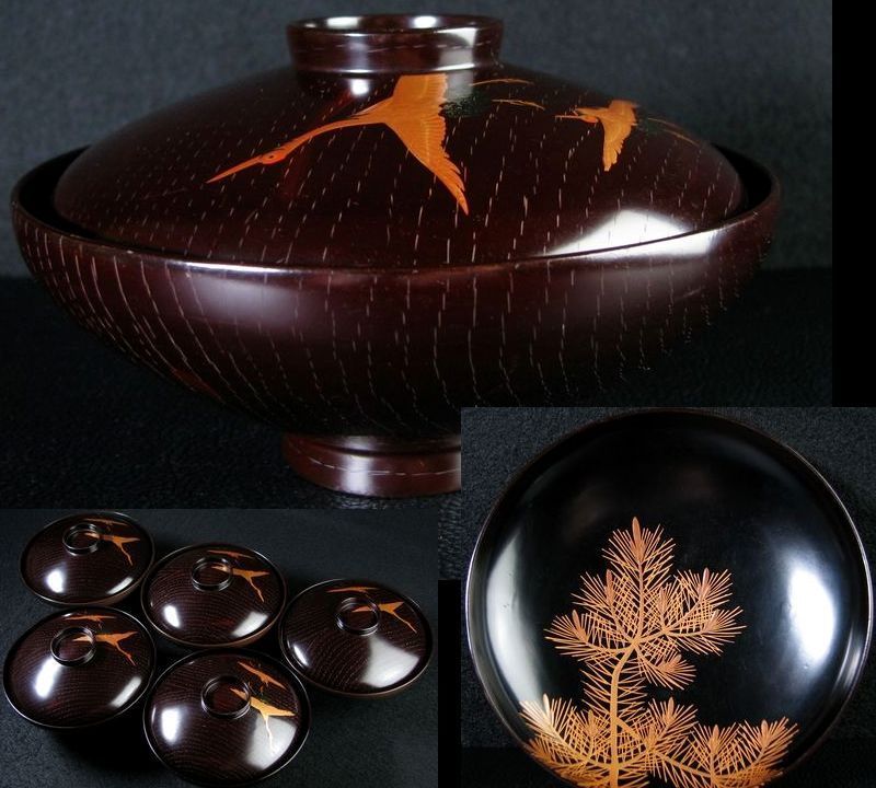 完璧 時代 蒔絵鶴松文吸物椀5客 No3 幅:12.7cm 木製/22b036 椀