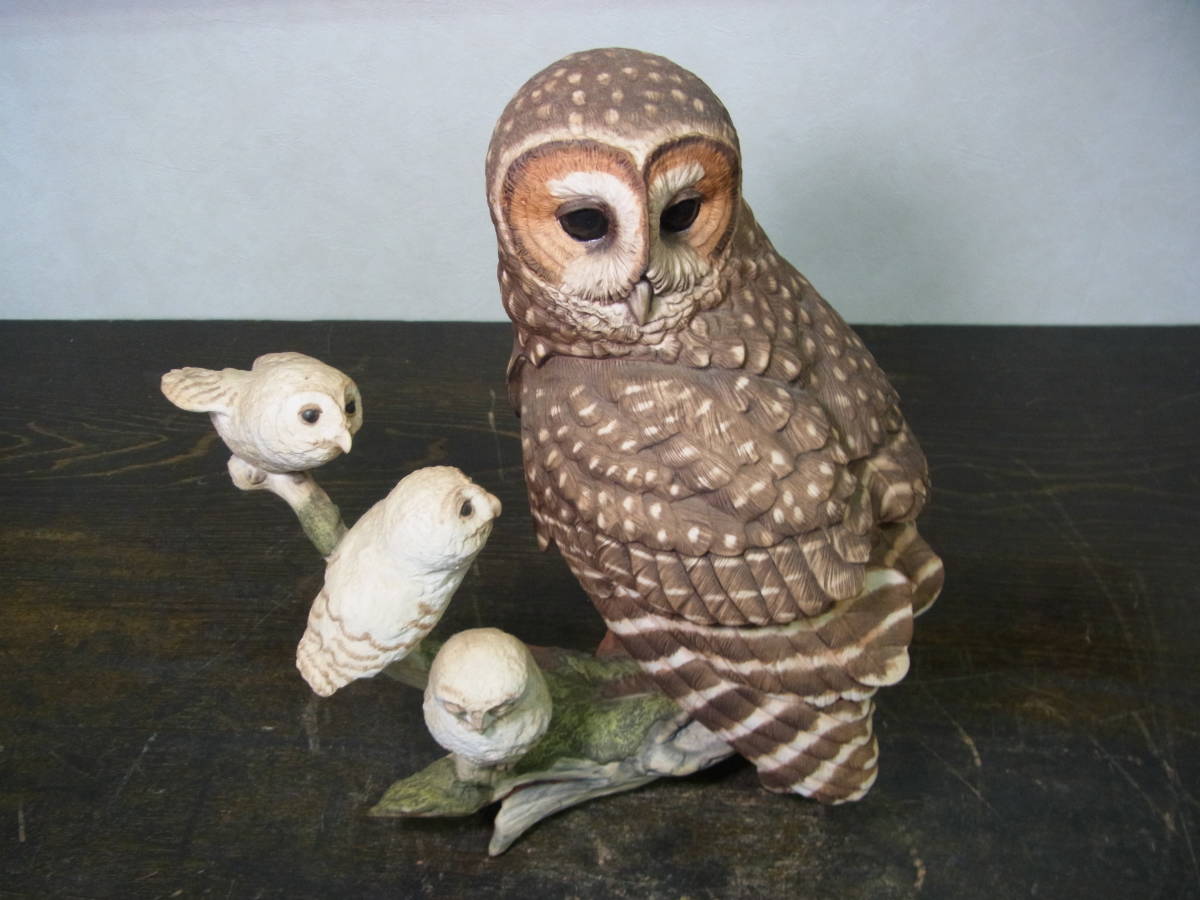 京都10☆フランクリン・ミント 陶器 置物 THE SPOTTED OWL ニシアメリカフクロウの親子 縁起物 玄関 インテリア マレーシア製 