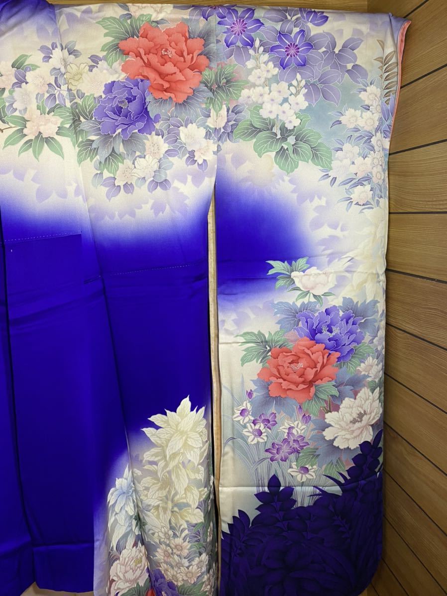 振袖　★正絹　身丈160cm 着物　日本舞踊　訪問着　成人式　結婚式　青色　花柄_画像7