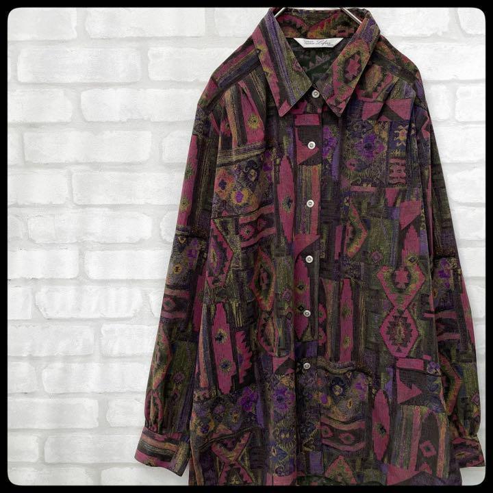 【入手困難】ジャパンヴィンテージ 90s アート vintage 長袖 柄シャツ 総柄 羽織 幾何学 レディース_画像10