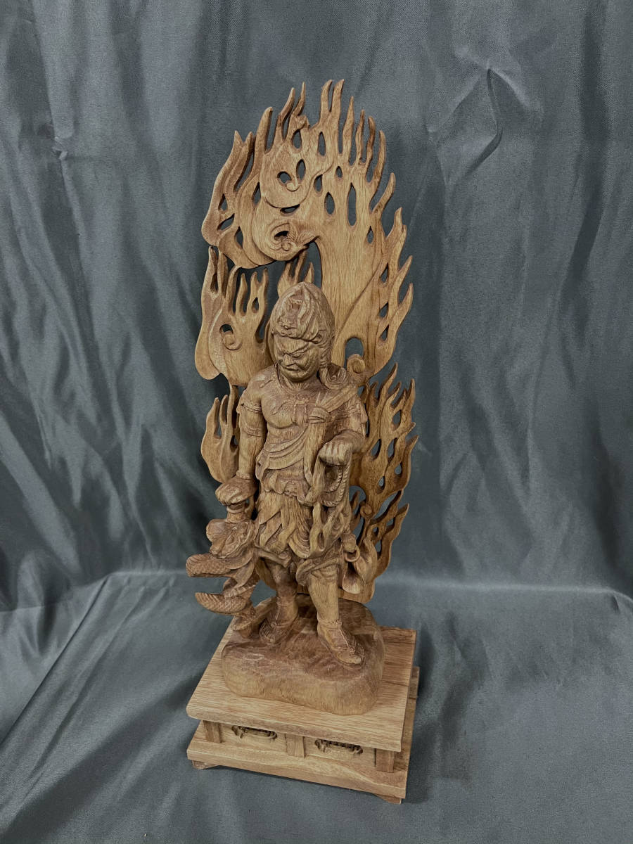 高39cm 井波彫刻 仏教工芸品 楠材製 極上彫 木彫仏像 倶利伽羅不動明王