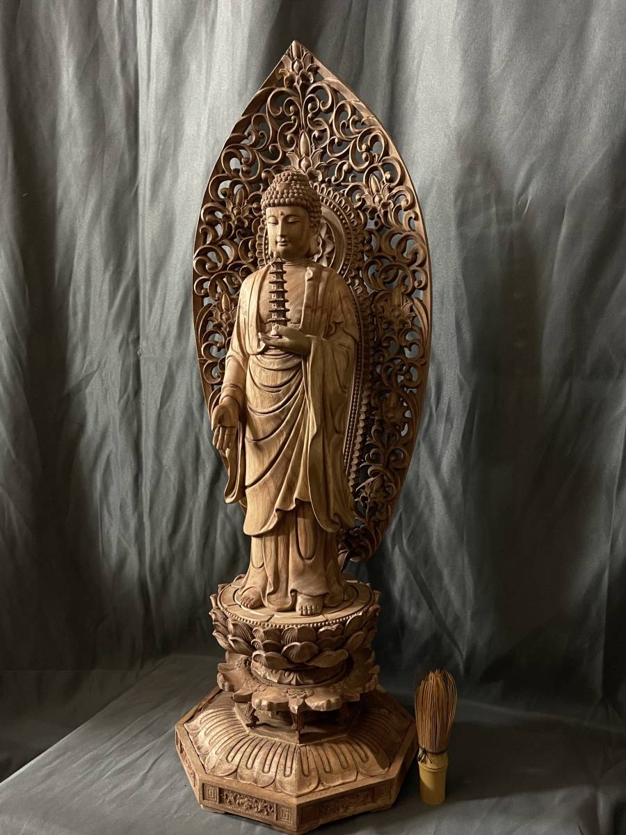 大型 高61cm 井波彫刻 仏教工芸品 総楠製 極上彫 木彫仏像 薬師如来 