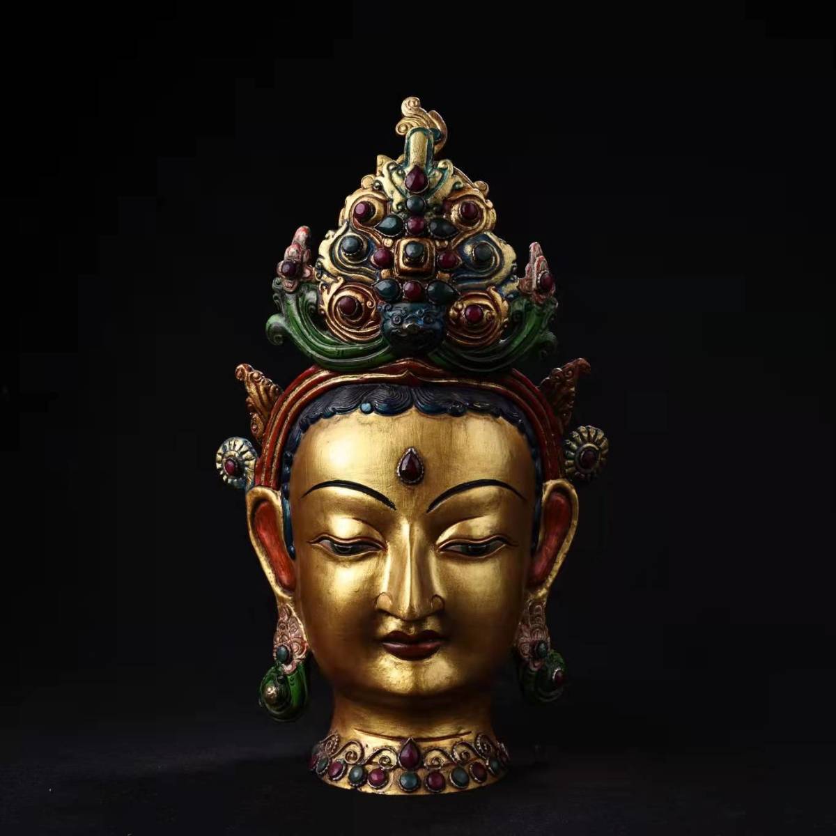 チベット收集 銅製 貴石象嵌 描金 度母像 仏頭 貴重 稀少珍品 仏像