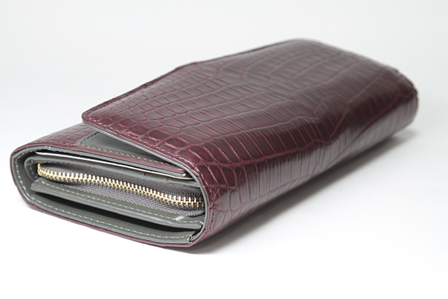 新品 クロコダイル 本革 マットクロコ 二つ折り 長財布 ワインレッド