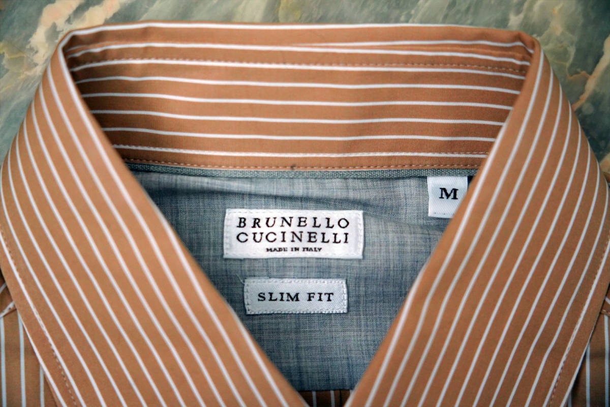 新品 ★ ブルネロ クチネリ BRUNELLO CUCINELLI 2019AWコレクション コットン 長袖 ストライプ シャツ（М) キャメル ★ 定価10万超_画像3