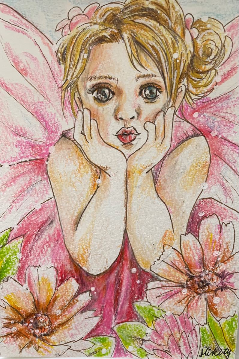 色鉛筆画　ポストカード　絵葉書　手書きイラスト　オリジナル　妖精　女の子　お花　原画　絵画