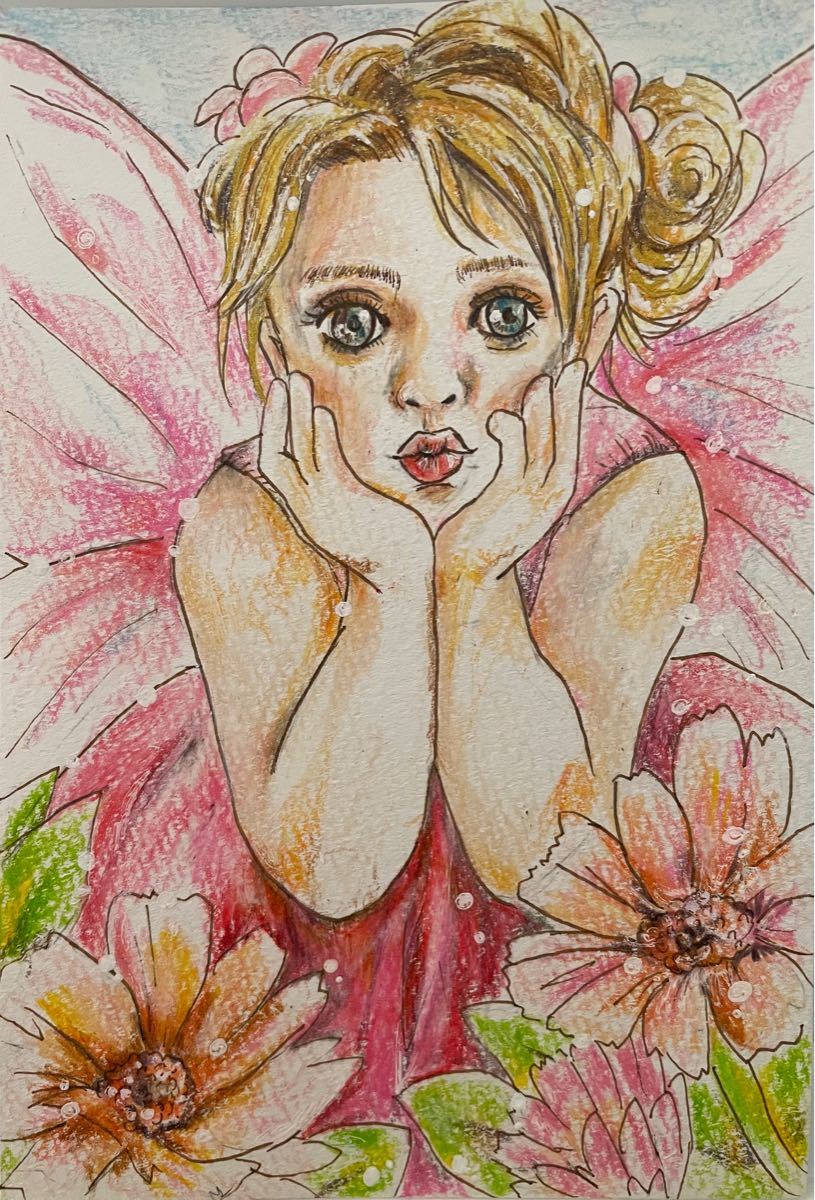 色鉛筆画　ポストカード　絵葉書　手書きイラスト　オリジナル　妖精　女の子　お花　原画　絵画