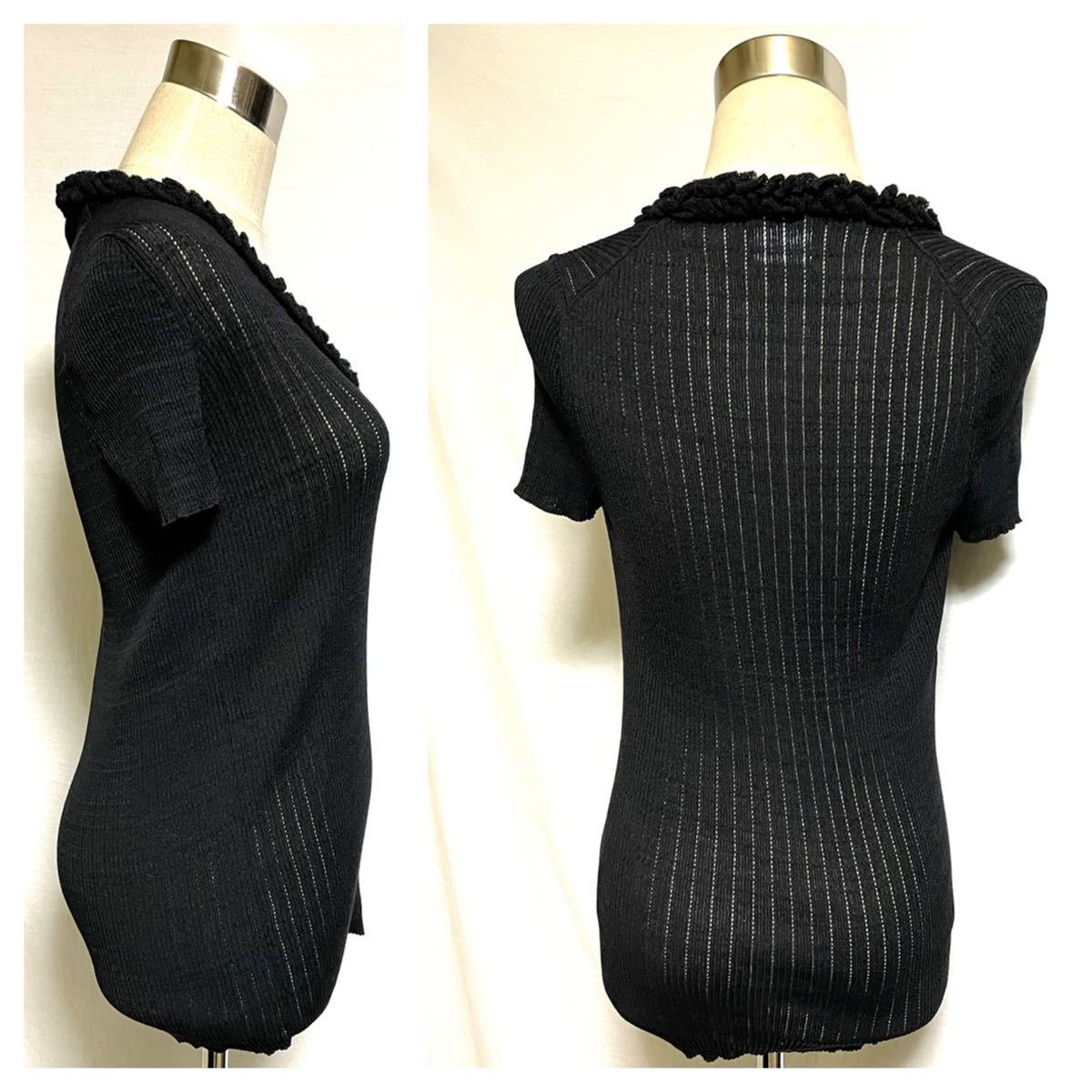 本物 美品 シャネル COCO装飾 Vネック 半袖 リブニット セーター 黒