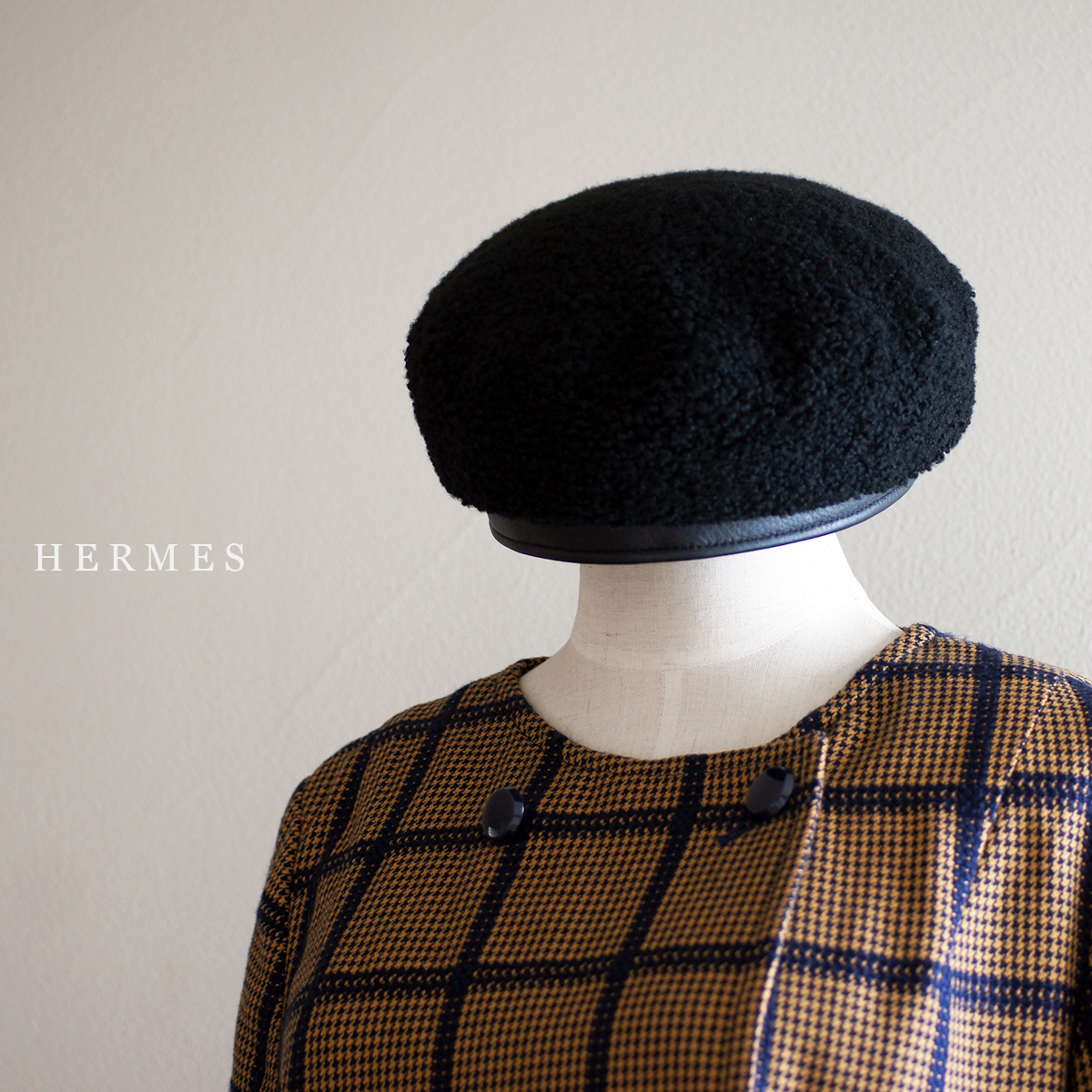 未使用 美品 エルメス HERMES ベビー ラム 鹿革 ベレー 帽 57 ㎝ ブラック 黒 レディース メンズ 帽子 キャップ 羊革 アクセサリー 小物
