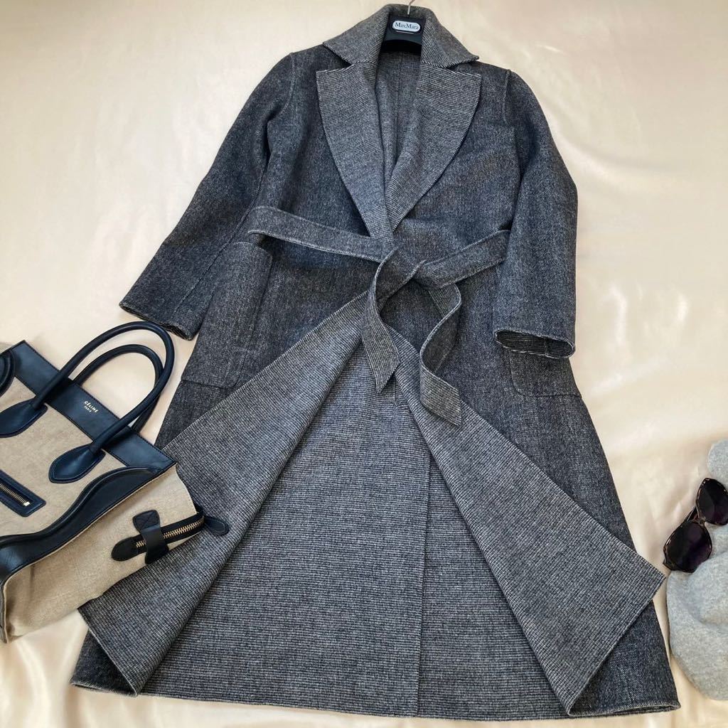 未使用 マックスマーラ MaxMara 38/M-L 職人技 クチートアマーノ ピュアウールリバーシブル 一枚仕立てベルテッドロングコート 伊デザイン