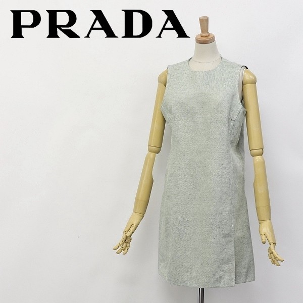 ◆PRADA/プラダ コットン＆リネン ノースリーブ ワンピース グリーン系 46 大きいサイズ_画像1