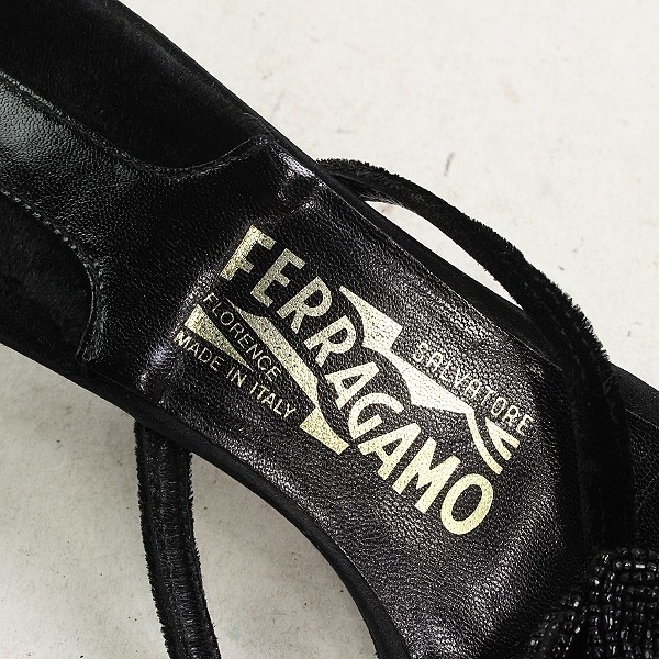 ◆Salvatore Ferragamo/サルヴァトーレ フェラガモ デザイン ビーズ装飾 ベロア×レザー ローヒール サンダル シューズ ブラックの画像7